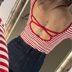 H&M striped red white long sleeve crisscross cut out back bodysuit candy cane